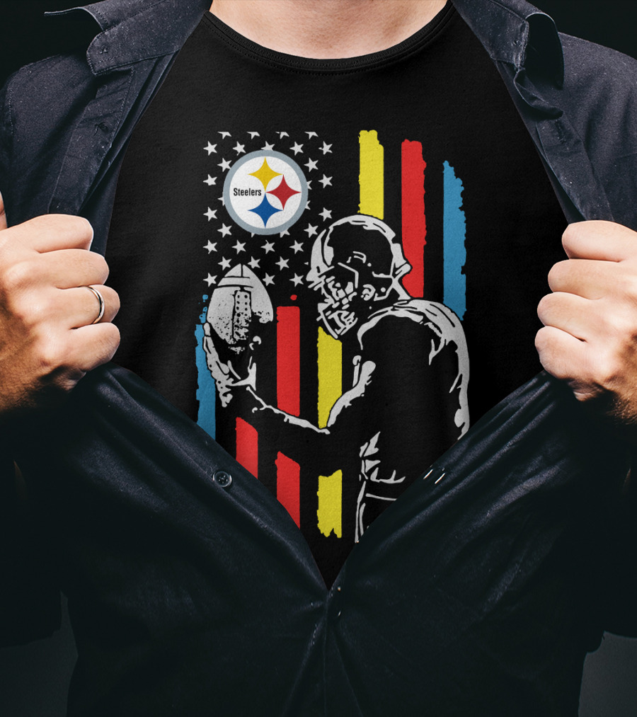 Pittsburgh Steelers American Flag Football Player Silhouette T-Shirt
