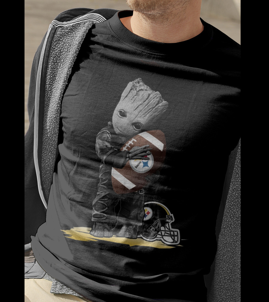 Groot Holding Football With Pittsburgh Steelers Helmet T-Shirt