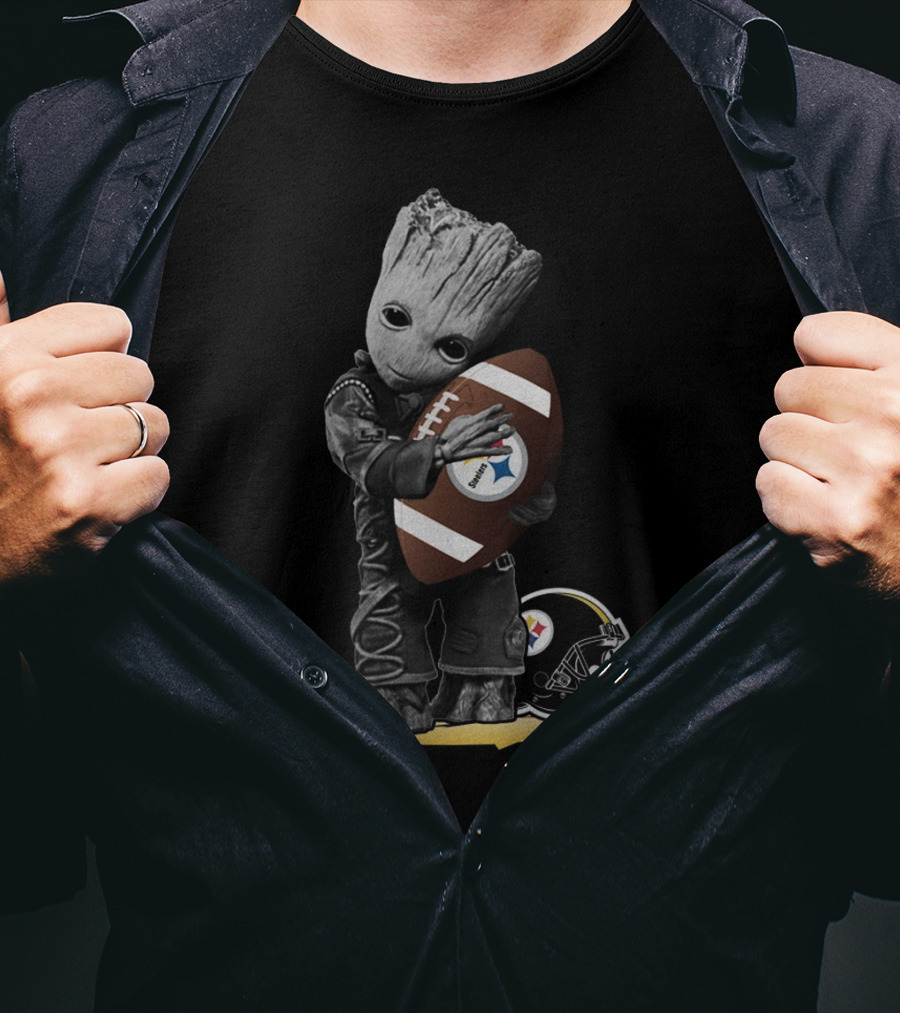 Groot Holding Football With Pittsburgh Steelers Helmet T-Shirt