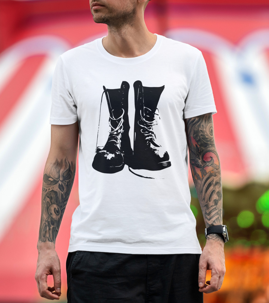 Punk Rock Combat Boots Graphic Symbolizing Bold Rebellion T-Shirt