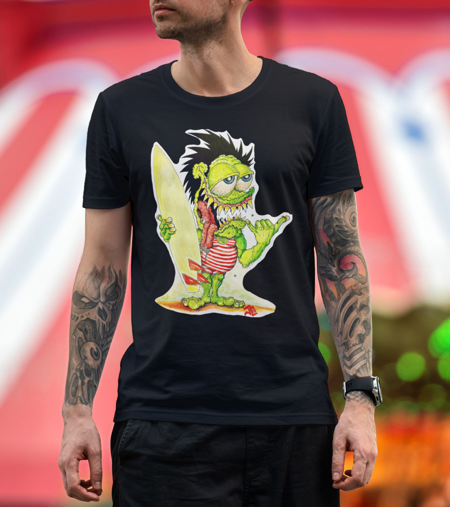 Surfer Punk Willy Monster with Spiked Hair and Striped Shirt Eating Meat Stick Holding Surfboard and Making Shaka Sign T-Shirt