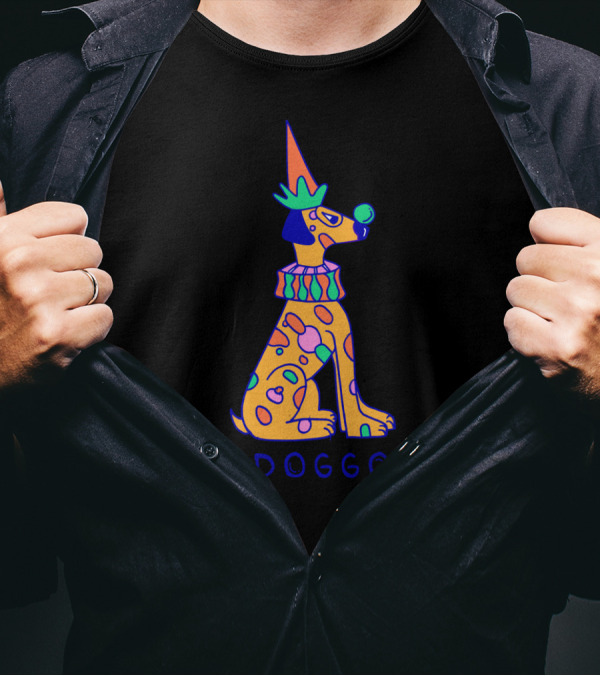 Doggo In Color Vibrant Patterned Canine With Clown Hat And Ruff T-Shirt
