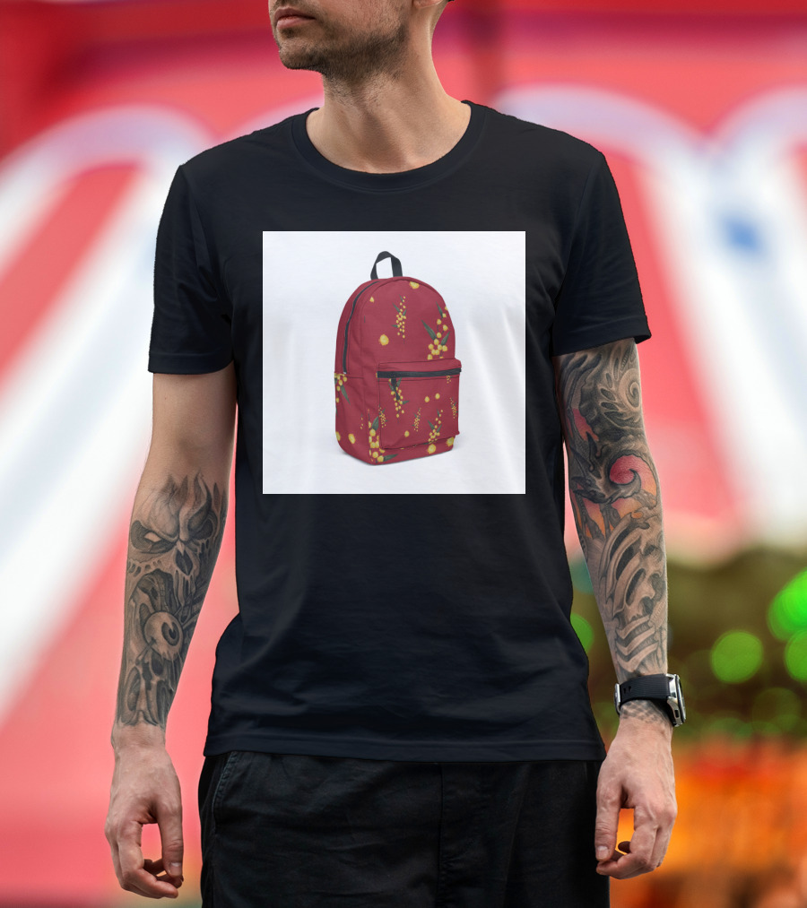 Australian Wattle Pattern on Vibrant Red Backpack T-Shirt
