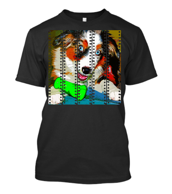 Australian Shepherd Aussie Dog Puppy Vector With Green Bone Toy And Blue Eyes T-Shirt