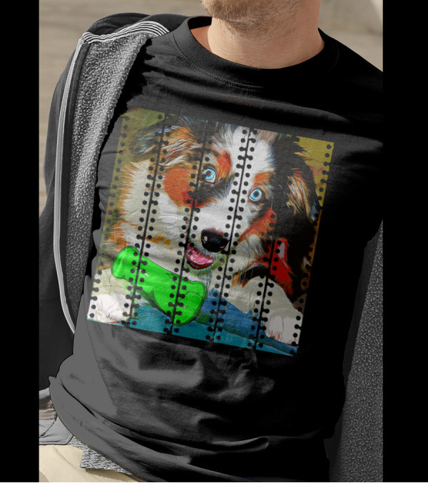 Australian Shepherd Aussie Dog Puppy Vector With Green Bone Toy And Blue Eyes T-Shirt