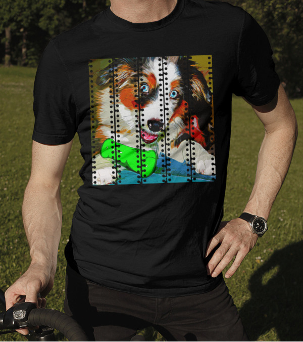 Australian Shepherd Aussie Dog Puppy Vector With Green Bone Toy And Blue Eyes T-Shirt