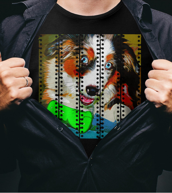 Australian Shepherd Aussie Dog Puppy Vector With Green Bone Toy And Blue Eyes T-Shirt