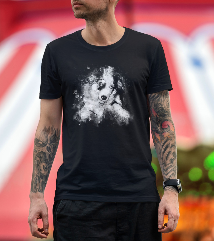Australian Shepherd Puppy in Black White Watercolor Splatter T-Shirt