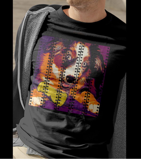 Australian Shepherd Aussie Dog Puppy Late Sunset Vector Art With Playful Pose And Vibrant Colors T-Shirt