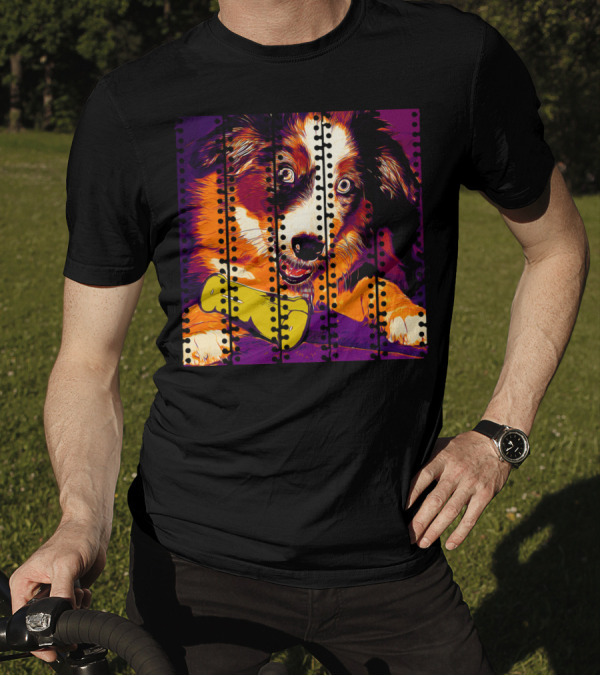 Australian Shepherd Aussie Dog Puppy Late Sunset Vector Art With Playful Pose And Vibrant Colors T-Shirt