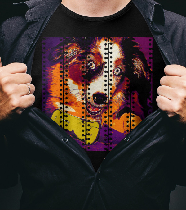 Australian Shepherd Aussie Dog Puppy Late Sunset Vector Art With Playful Pose And Vibrant Colors T-Shirt