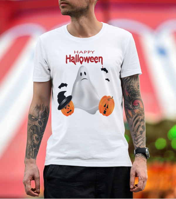 Premium T-Shirt: Happy Halloween Ghost with Pumpkin Faces and Bats T-Shirt Happy Halloween Ghost with Pumpkin Faces and Bats T-Shirt