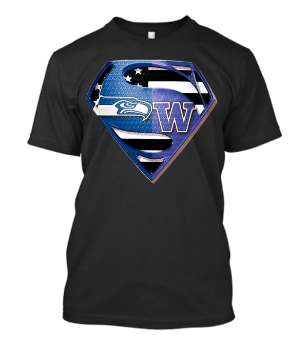 Superman Seattle Seahawks Washington Huskies Logo Combination T-Shirt