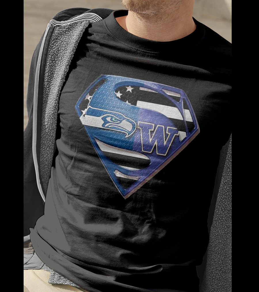 Superman Seattle Seahawks Washington Huskies Logo Combination T-Shirt