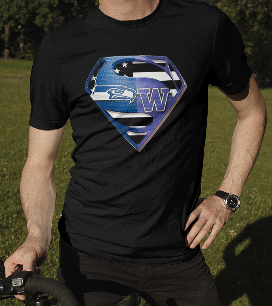 Superman Seattle Seahawks Washington Huskies Logo Combination T-Shirt