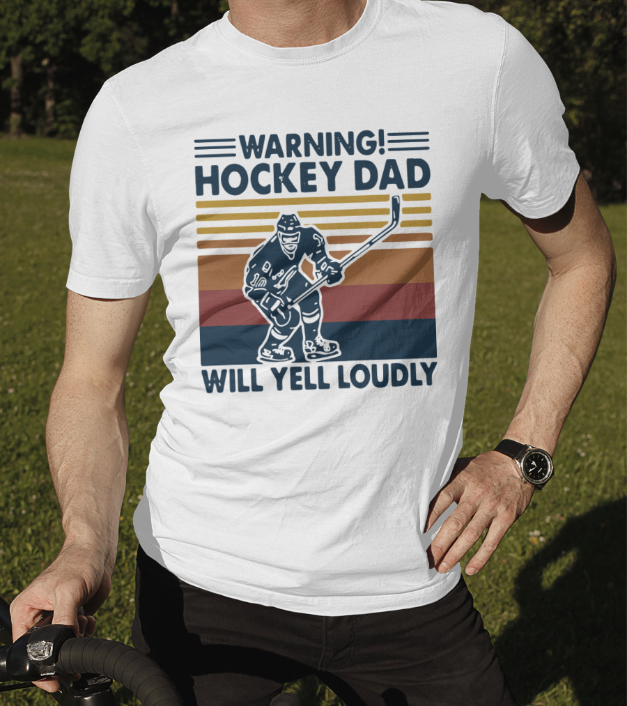 WARNING HOCKEY DAD WILL YELL LOUDLY Vintage Striped Hockey Player T-Shirt