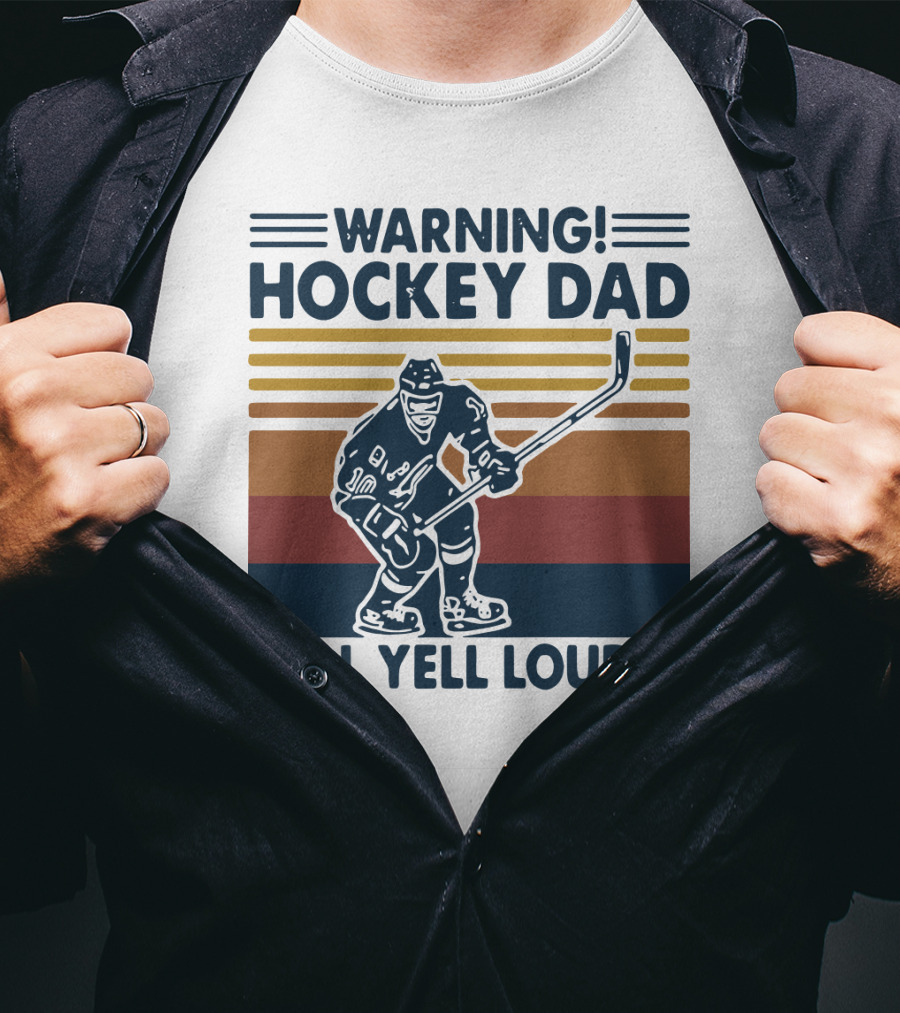 WARNING HOCKEY DAD WILL YELL LOUDLY Vintage Striped Hockey Player T-Shirt