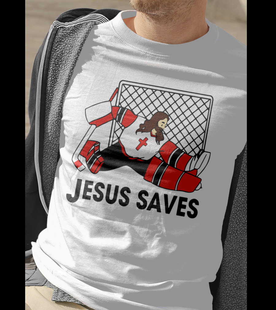 Hockey Jesus Saves Goalkeeper With Cross Motif In Action T-Shirt