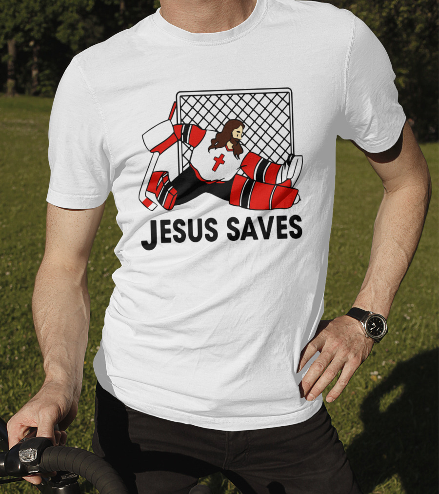 Hockey Jesus Saves Goalkeeper With Cross Motif In Action T-Shirt