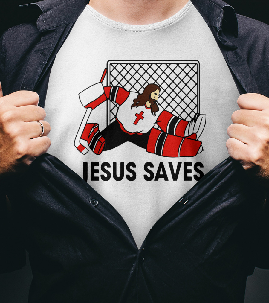 Hockey Jesus Saves Goalkeeper With Cross Motif In Action T-Shirt