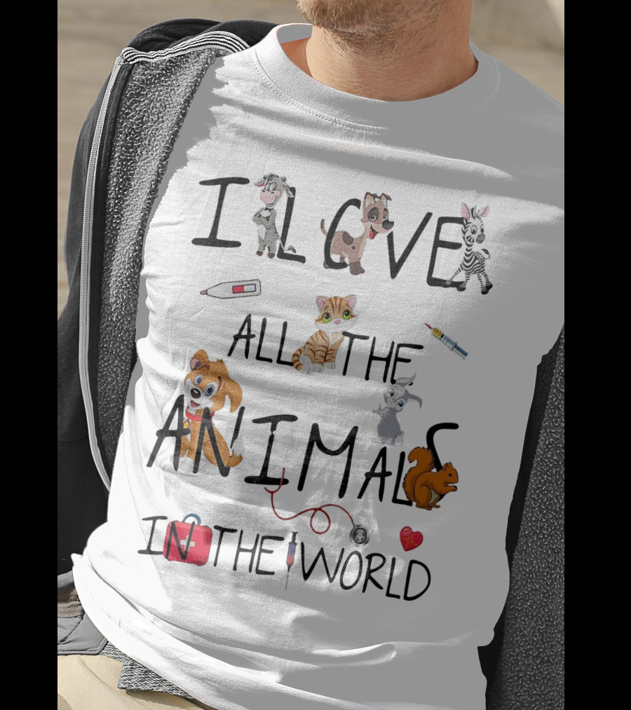 I Love All The Animals In The World Vet Theme With Cute Cartoon Animals And Medical Tools T-Shirt