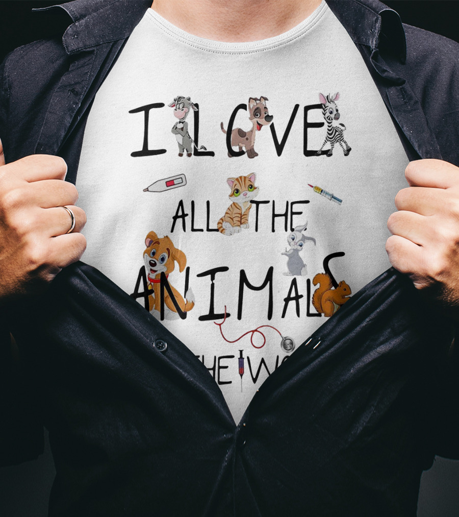 I Love All The Animals In The World Vet Theme With Cute Cartoon Animals And Medical Tools T-Shirt