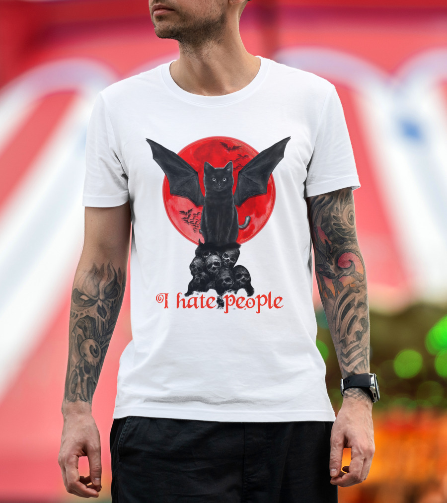 Black Bat Cat I Hate People Red Moon Skulls T-Shirt