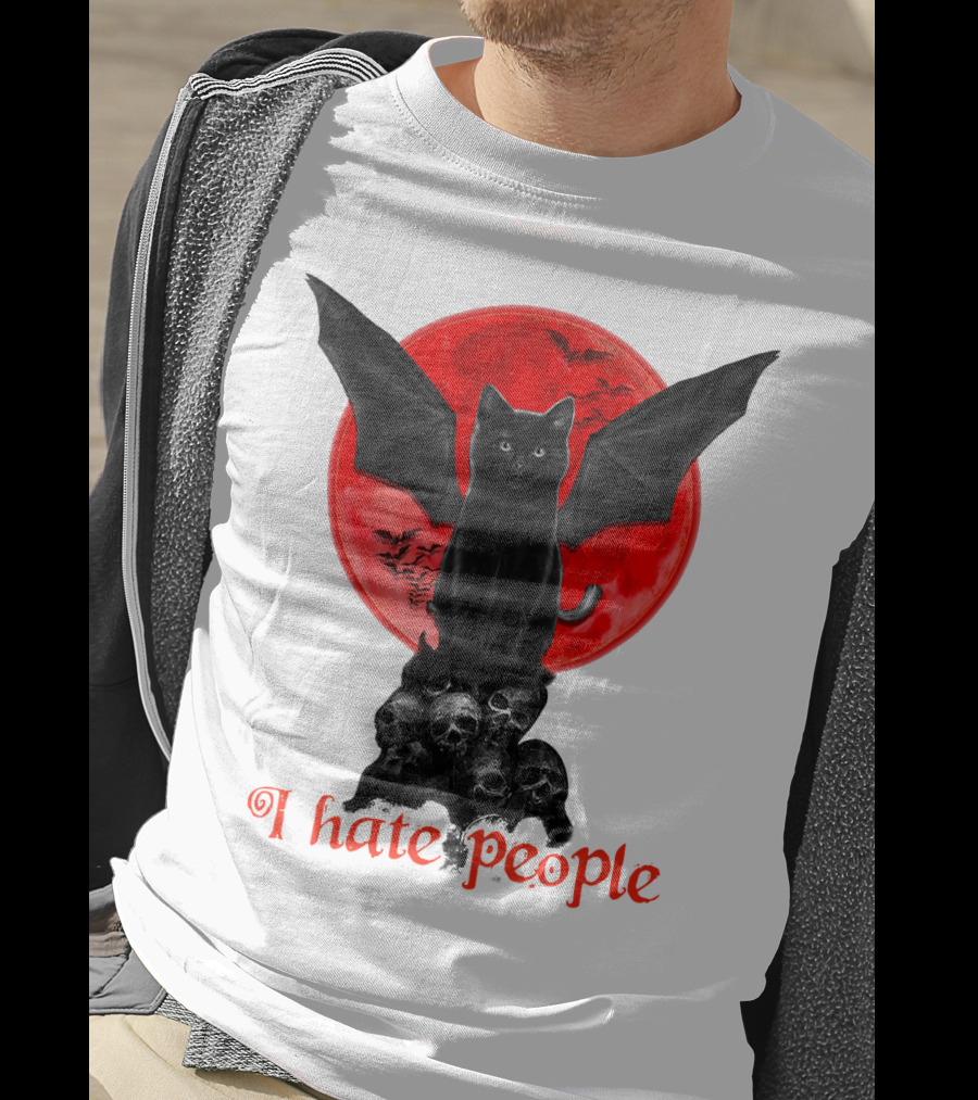 Black Bat Cat I Hate People Red Moon Skulls T-Shirt
