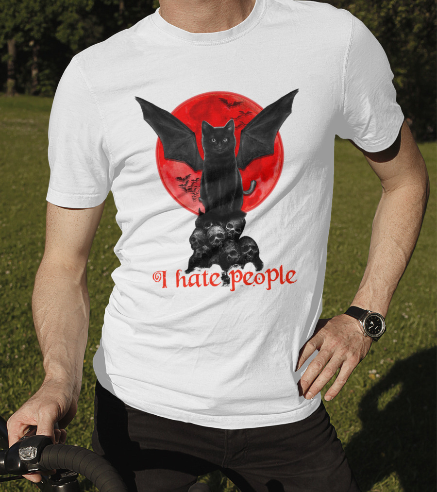 Black Bat Cat I Hate People Red Moon Skulls T-Shirt
