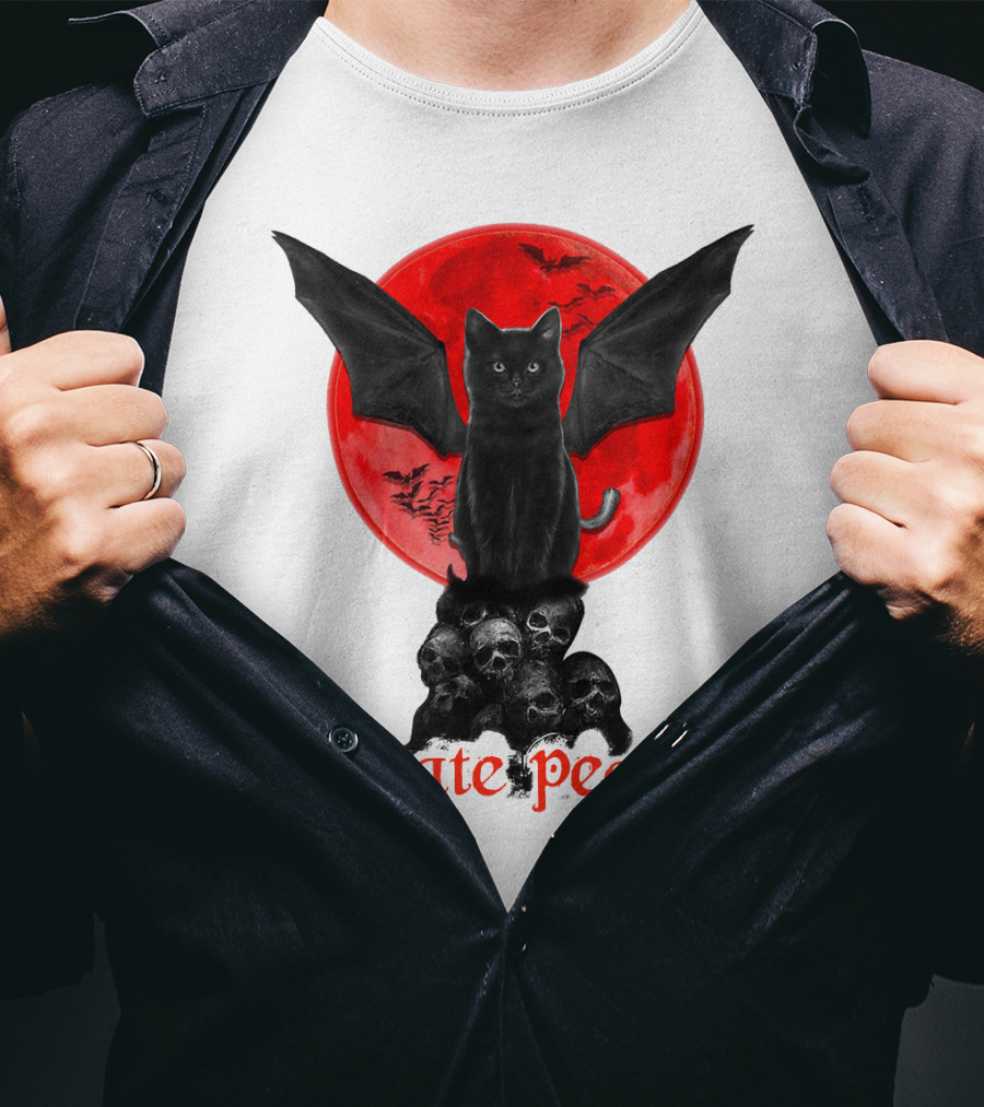 Black Bat Cat I Hate People Red Moon Skulls T-Shirt