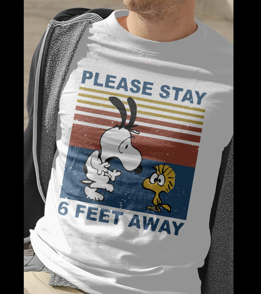 Vintage Please Stay 6 Feet Away Snoopy Woodstock Retro Stripes T-Shirt