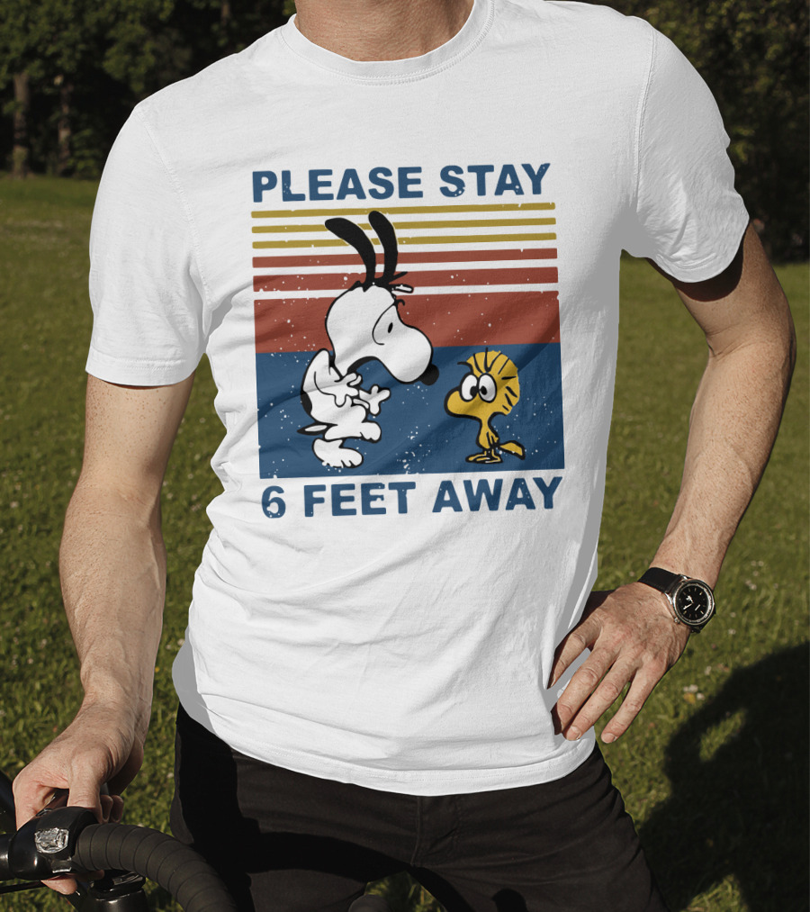 Vintage Please Stay 6 Feet Away Snoopy Woodstock Retro Stripes T-Shirt