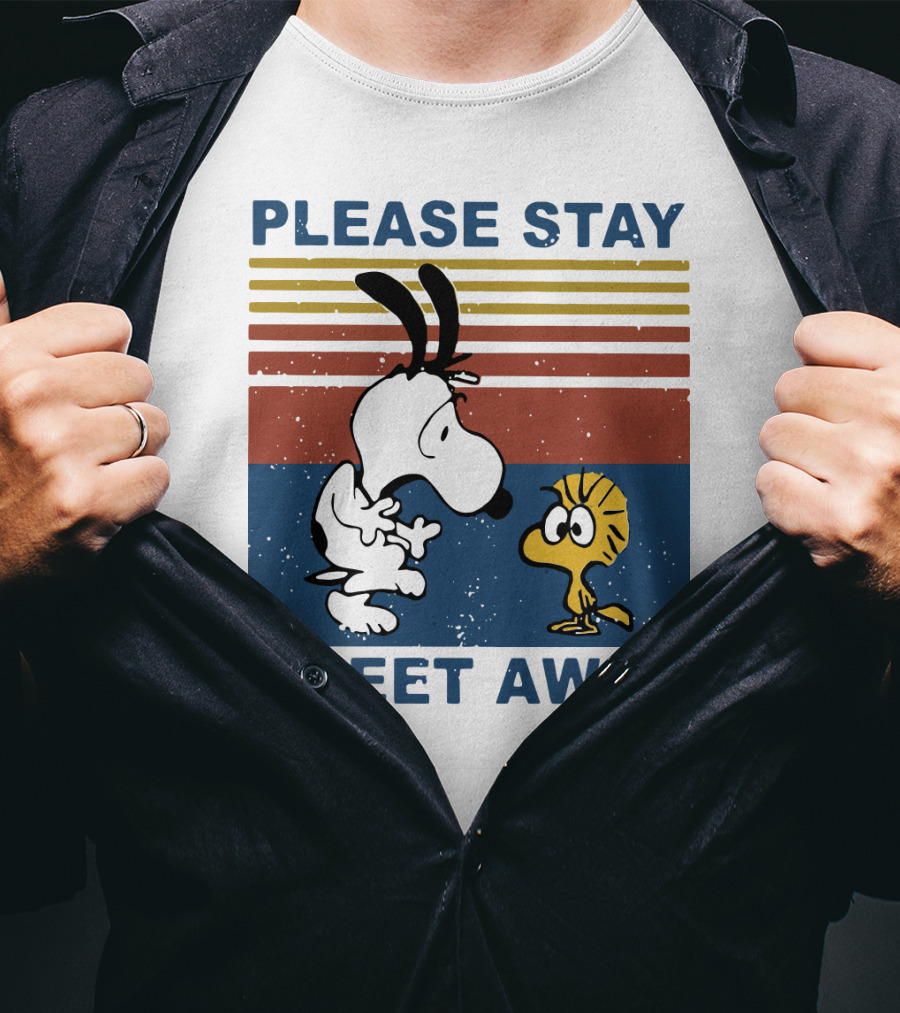 Vintage Please Stay 6 Feet Away Snoopy Woodstock Retro Stripes T-Shirt