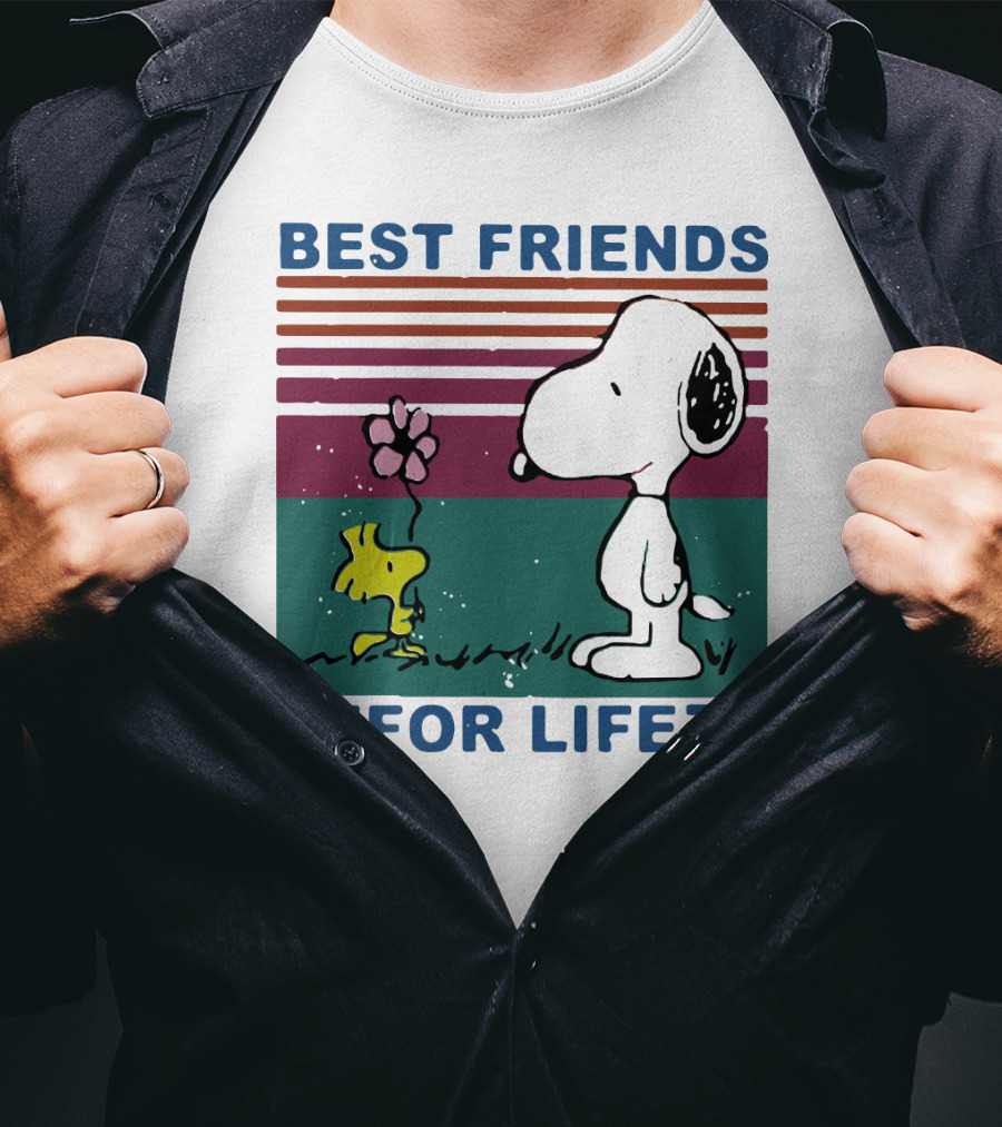 Best Friends For Life Snoopy Woodstock Vintage Retro Stripes T-Shirt