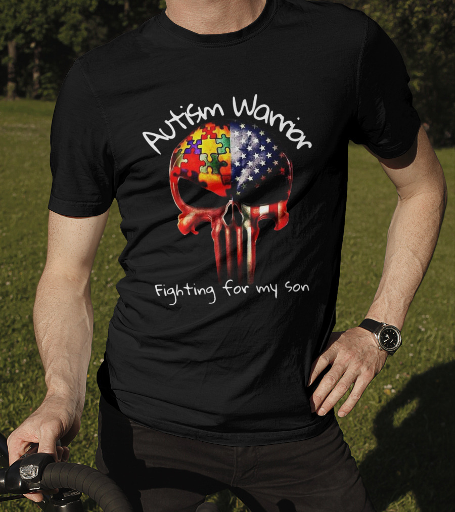 Autism Warrior Skull American Flag Puzzle Fighting For My Son T-Shirt
