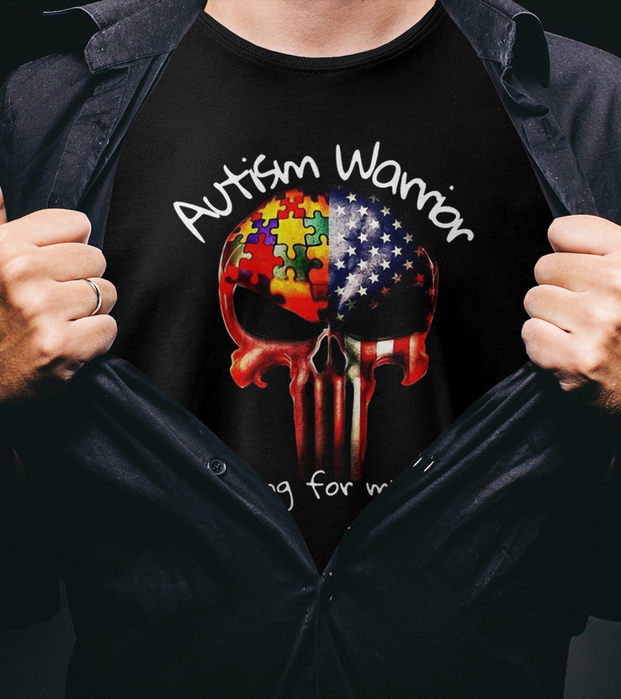 Autism Warrior Skull American Flag Puzzle Fighting For My Son T-Shirt