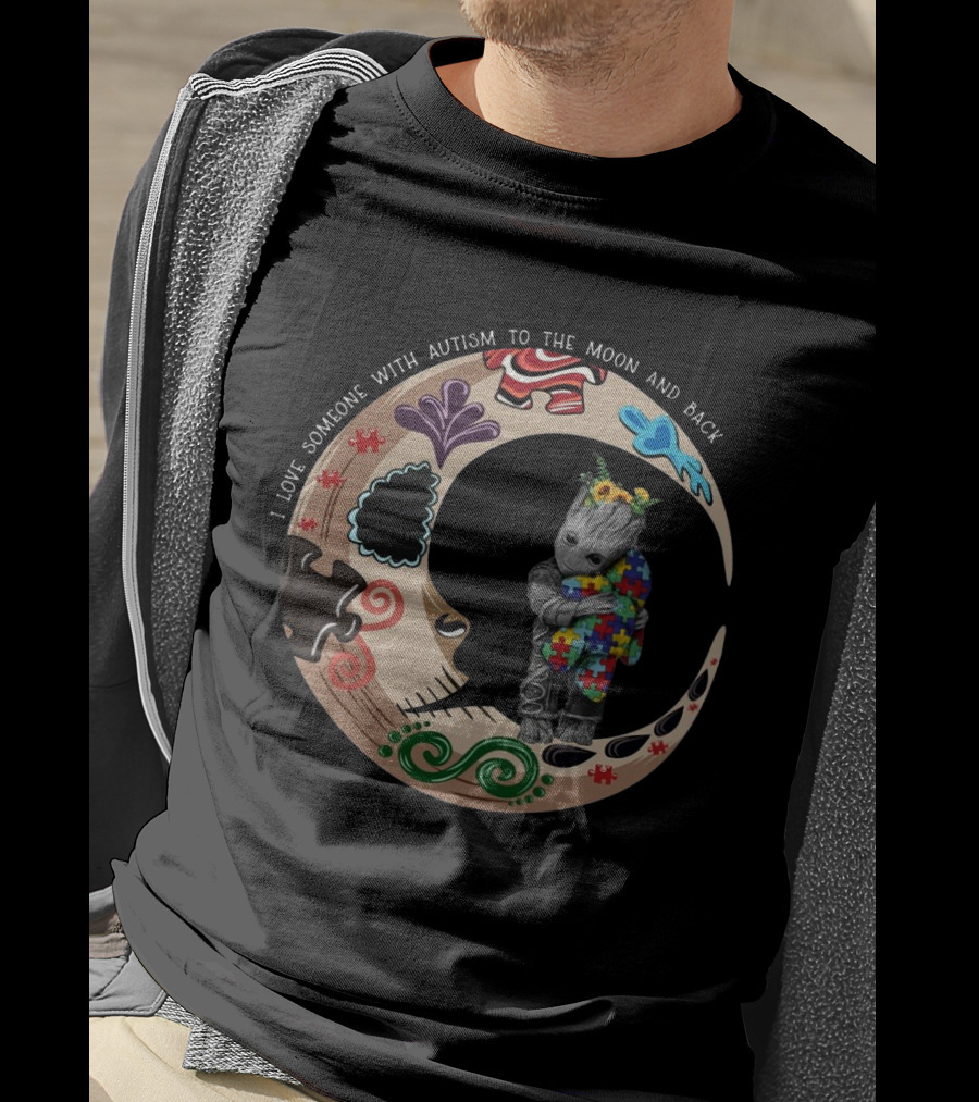 Baby Groot Holding Autism Puzzle Blanket In Vibrant Moon Circle I Love Someone With Autism To The Moon And Back T-Shirt
