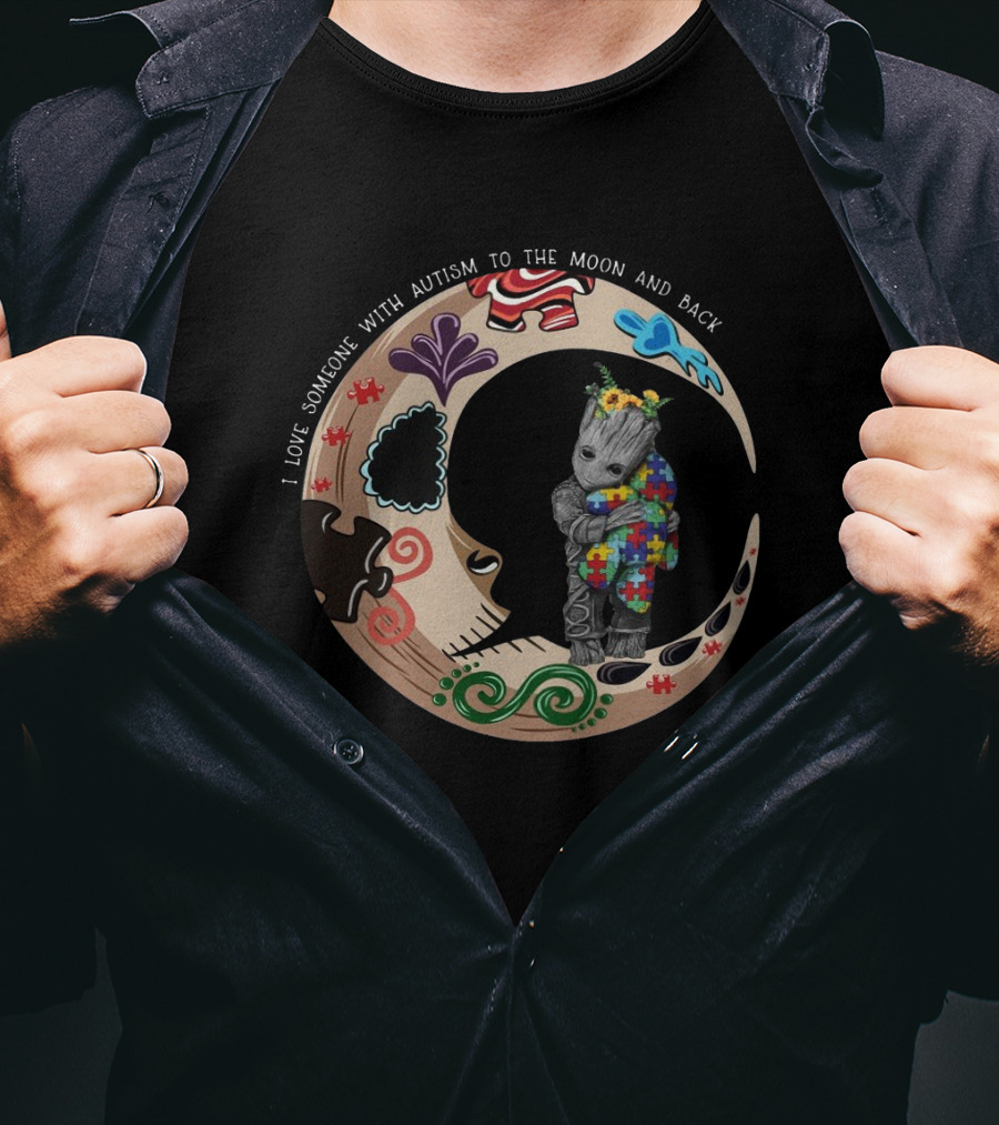 Baby Groot Holding Autism Puzzle Blanket In Vibrant Moon Circle I Love Someone With Autism To The Moon And Back T-Shirt