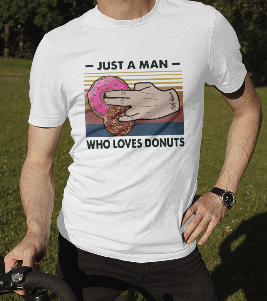 Retro Just A Man Who Loves Donuts With Hand Holding Pink And Brown Donuts T-Shirt