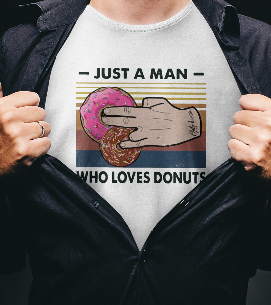 Retro Just A Man Who Loves Donuts With Hand Holding Pink And Brown Donuts T-Shirt