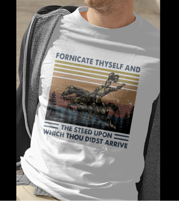 Vintage Fornicate Thyself And The Steed Upon Which Thou Didst Arrive Retro Rider Forest Stripes T-Shirt