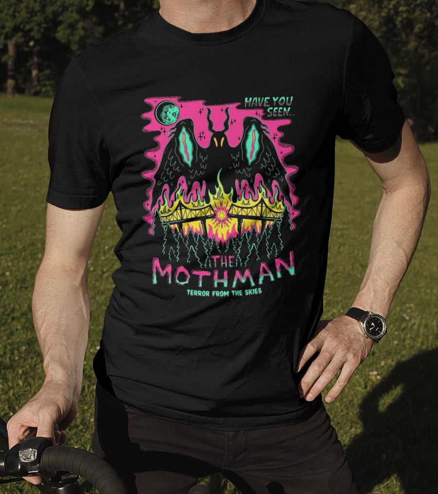 Have You Seen The Mothman Terror From The Skies Moonlit Night Fire Bridge Forest Scene T-Shirt