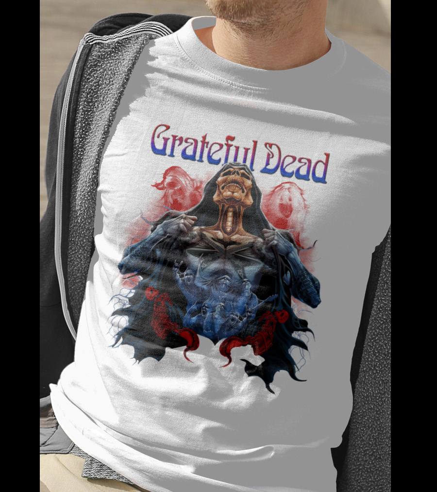 Grateful Dead Skeleton Artwork With Red And Blue T-Shirt