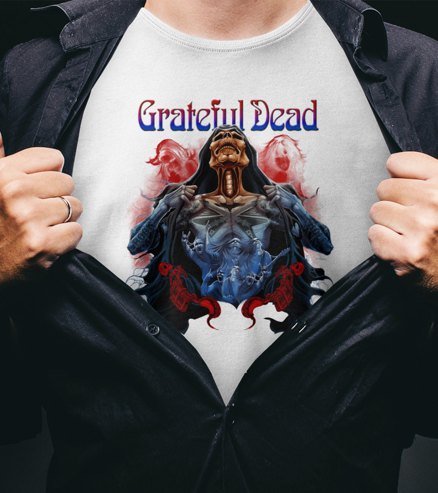 Grateful Dead Skeleton Artwork With Red And Blue T-Shirt