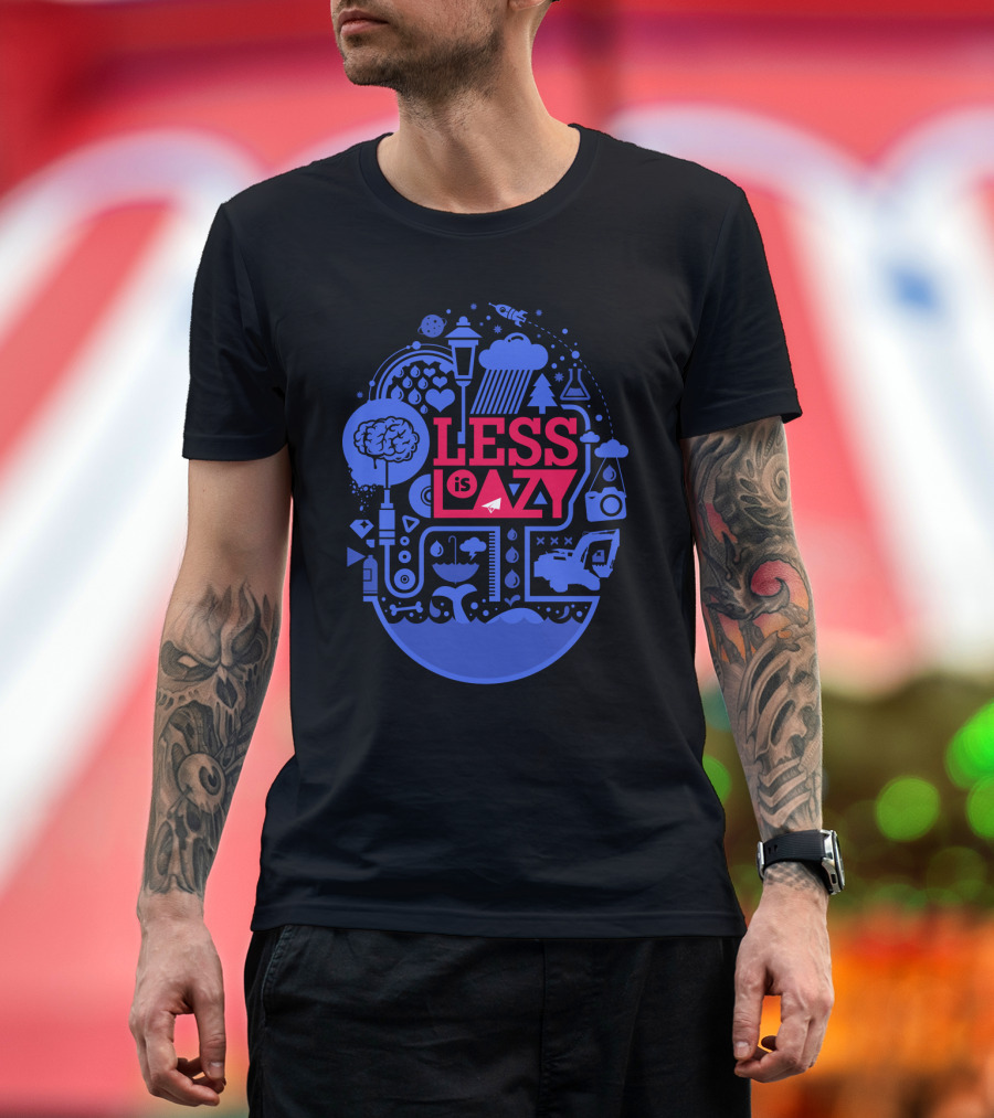 Less Is Lazy Creative Geometric Brain Motif with Lamp Rain Cloud Car Elements T-Shirt