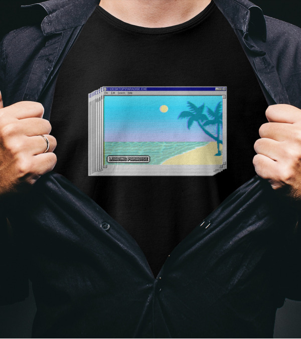 Loading Paradise Beach Scene With Palm Trees In Retro Computer Window T-Shirt