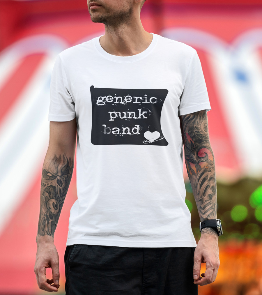 Generic Punk Band Distressed Text with Heart and Safety Pin T-Shirt