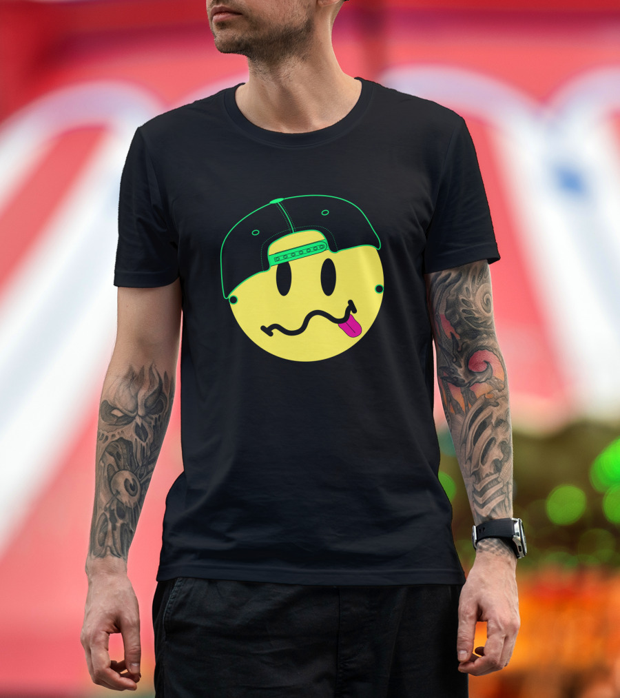 Pop Punk Smiley Face Wearing Backwards Cap with Tongue Out T-Shirt