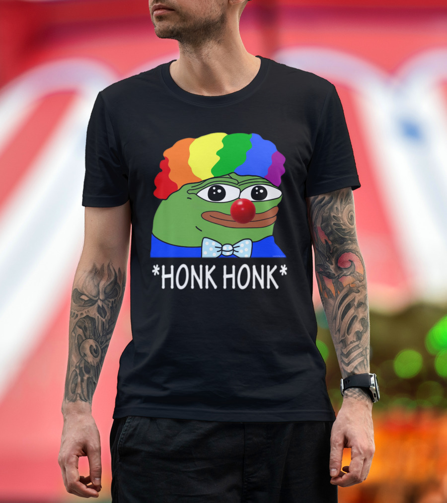 Clown World Honk Honk Meme Frog with Rainbow Wig and Red Nose T-Shirt