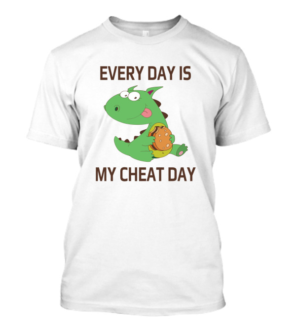 Every Day Is My Cheat Day Green Cartoon Dinosaur Holding Burger T-Shirt